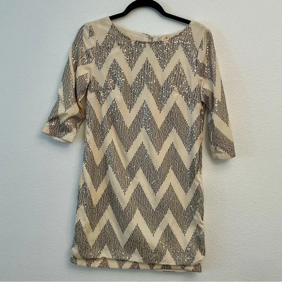 Francesca’s Collections Sequence Silver & Cream Dress Mid Length Sleeve Size S - Picture 3 of 13